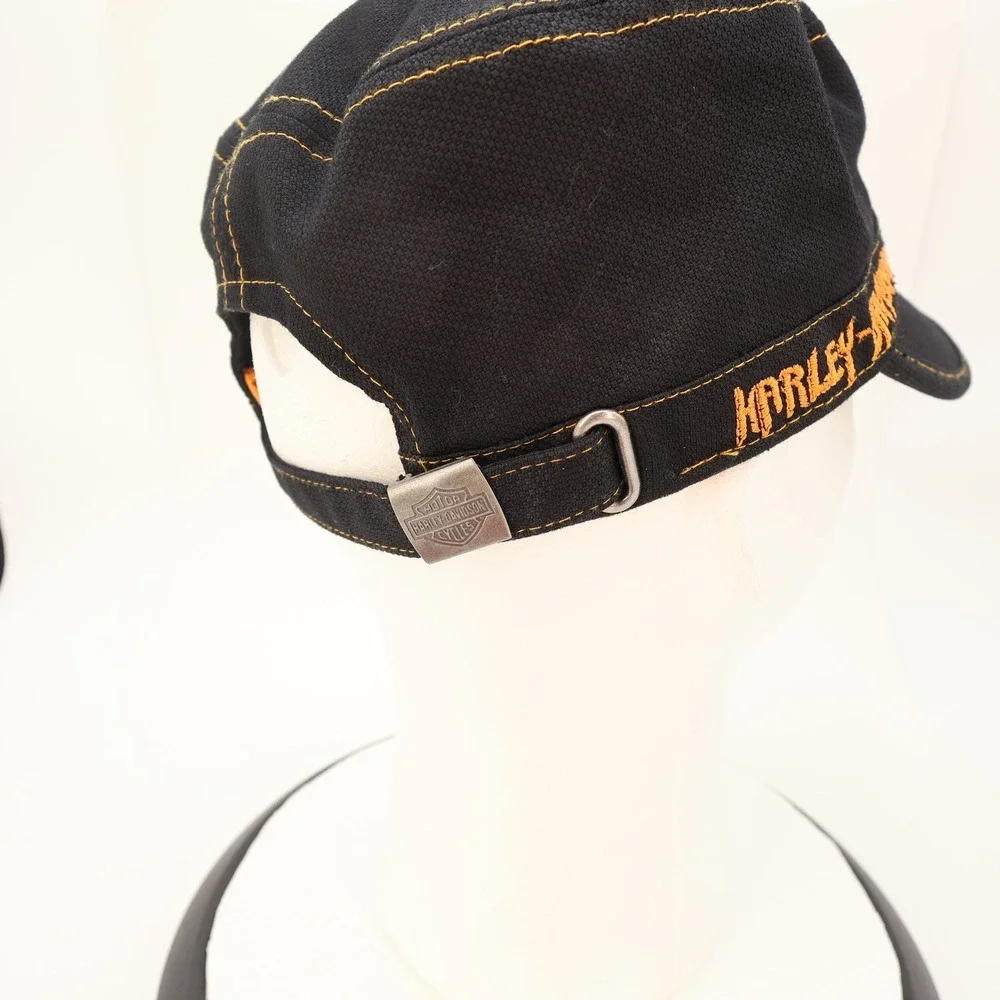 Harley Davidson Mens Black Canvas Military Cadet Hat Orange Contrast Stitching